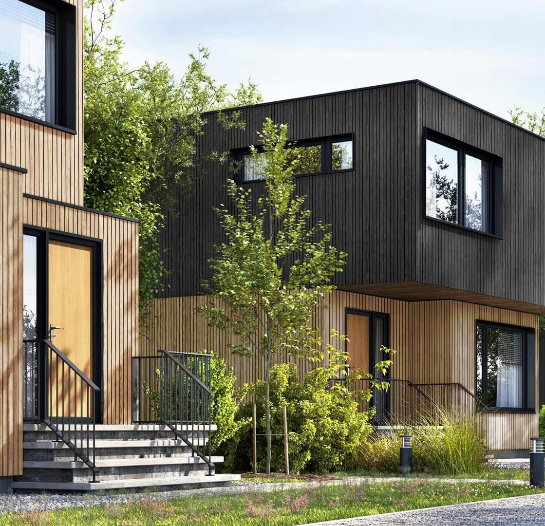 Moderne Einfamilienhäuser. Die Fassadenverkleidung in senkrechter Verlegung besteht aus einer Kombination von den Farben Jura Pine und Kitami Oak