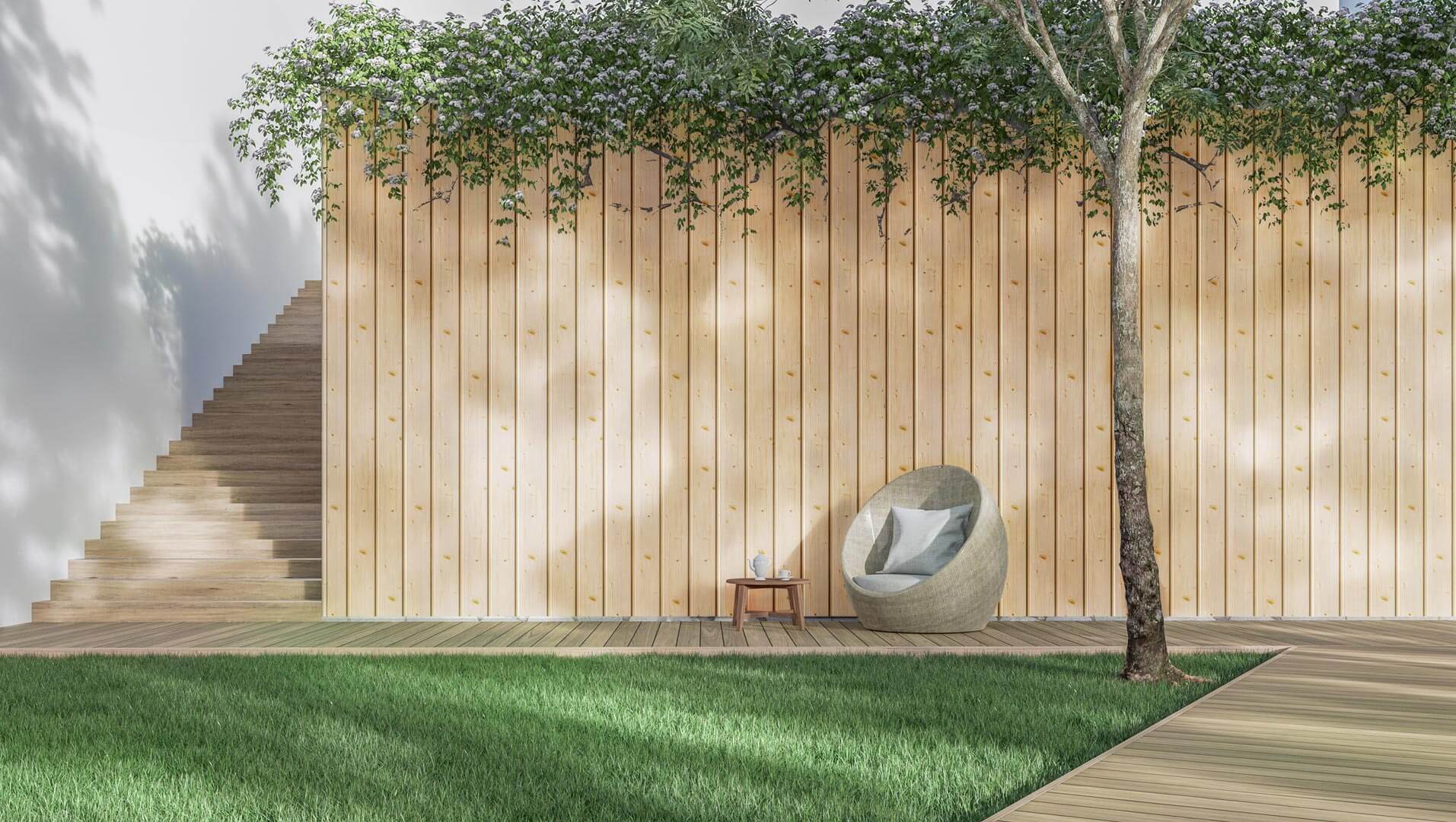 Eine Außenbereichgestaltung mit senkrecht verlegten vinyPlus Fassadenpaneelen in der Farbe Jura Pine