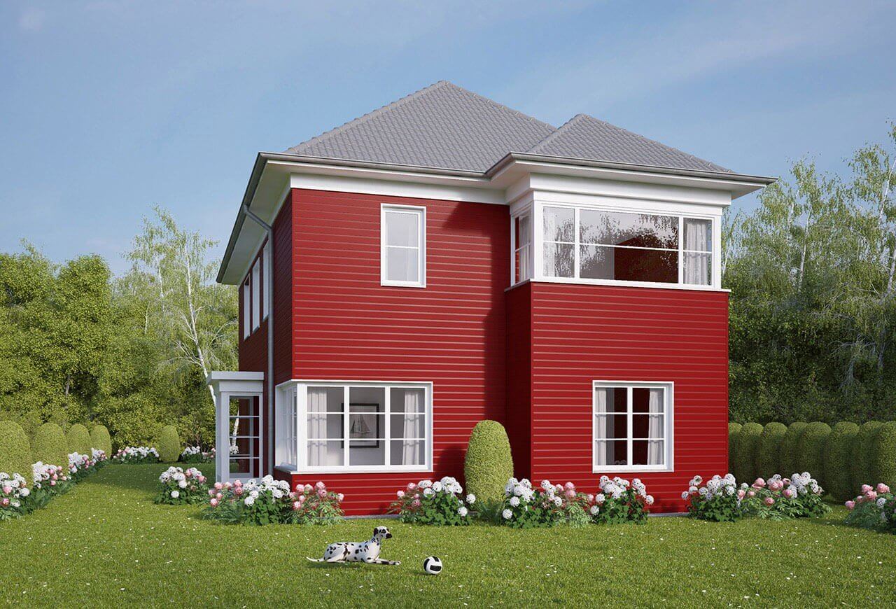 Freistehendes Landhaus mit einer wartungsfreien Kunststofffassade VinyPlus in der Farbe Rot.