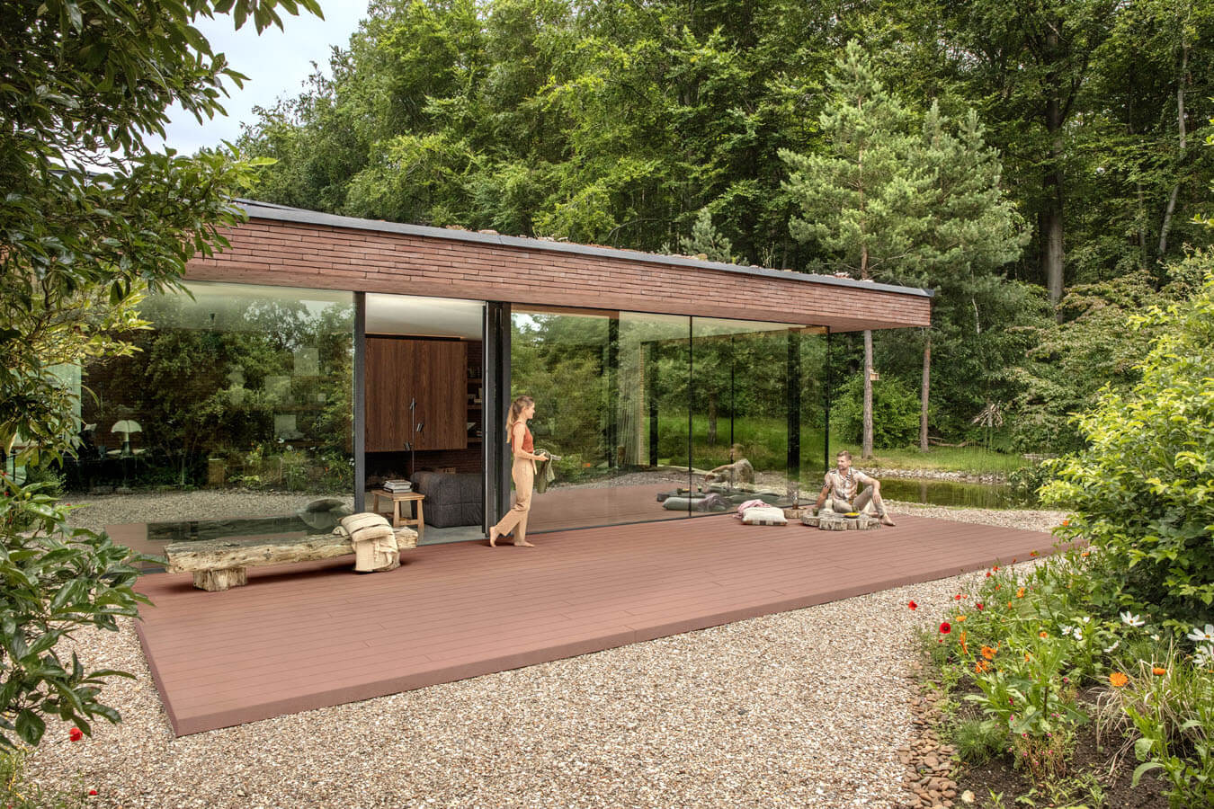 Modernes Haus mit einer schlichten Terrasse aus Faserzement.